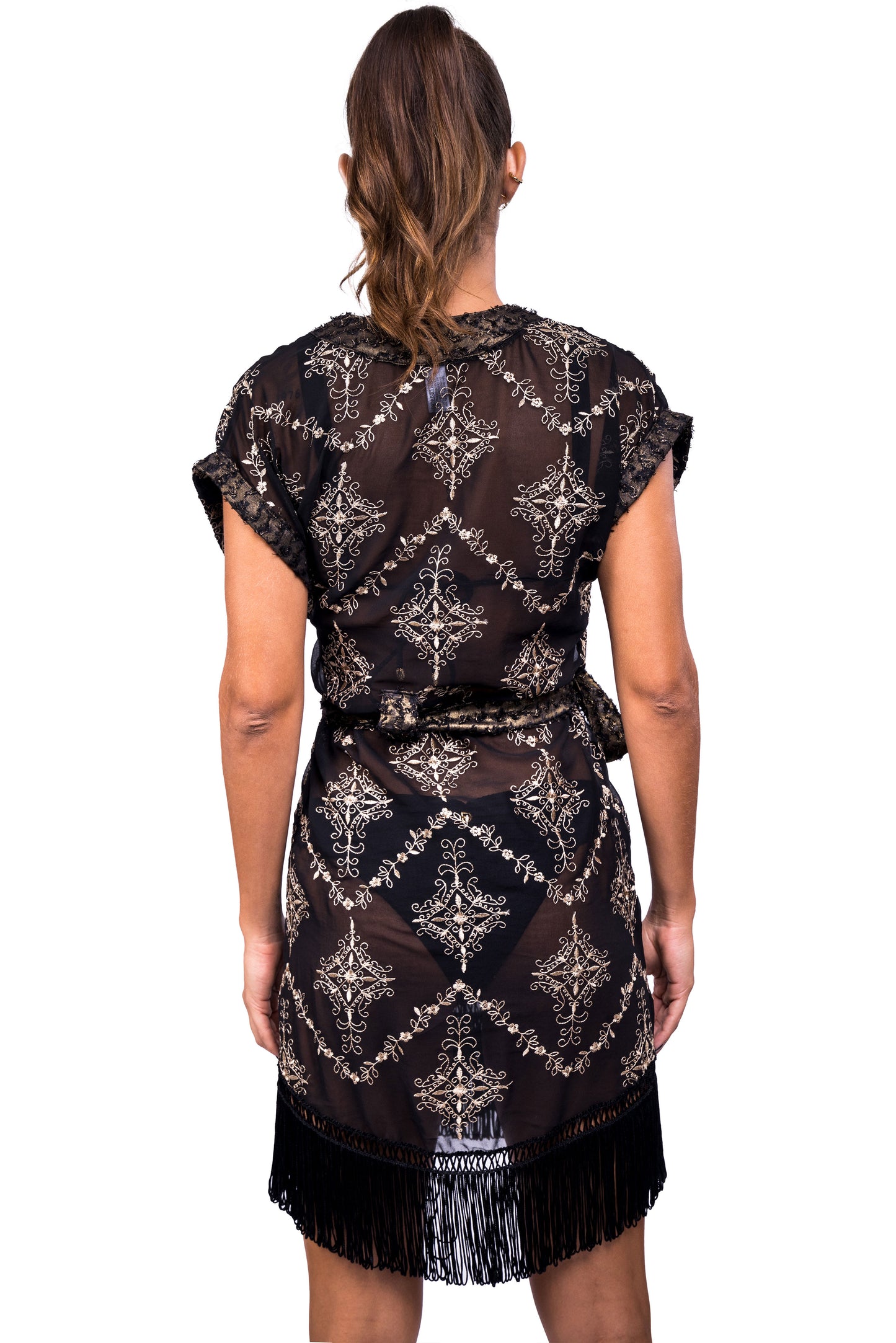Tunique de plage CANNES - DUBAI à franges avec broderies et ceinture